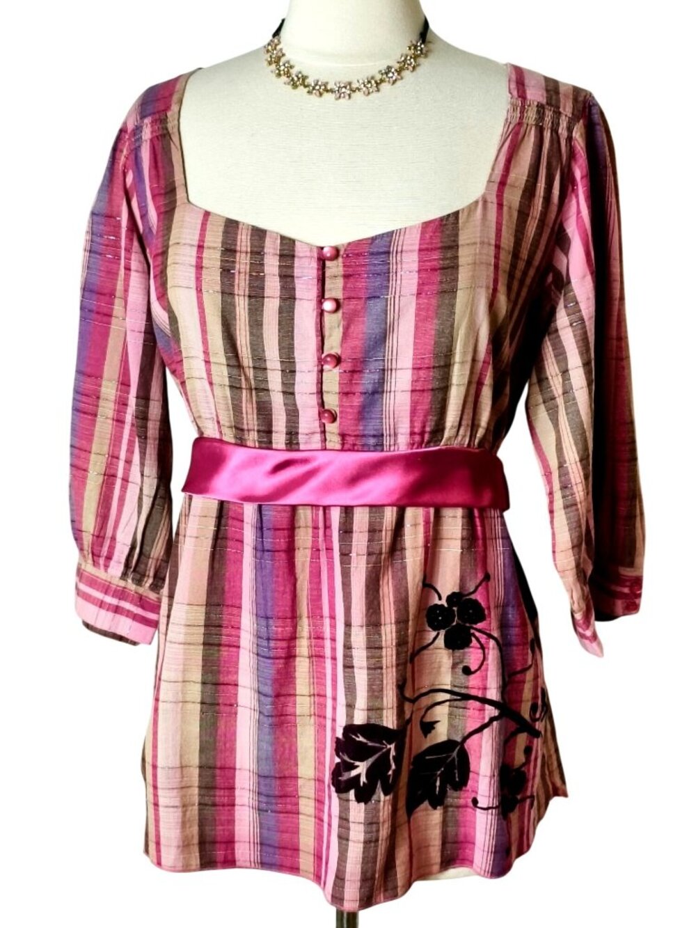 Womens 1X Tunic Striped Floral Satin Sash 3/4 Sleeves Designer Festive Coquette